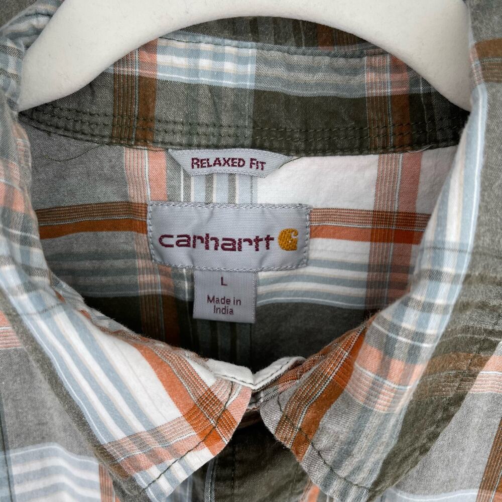 Carhartt Relaxed Fit Plaid Button Down Collared Shirt Men's Large Green Orange - Picture 5 of 7